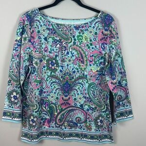 Talbots Womens Blue Paisley 3/4 Sleeve The Talbots Tee SZ Large Preppy Stretch
